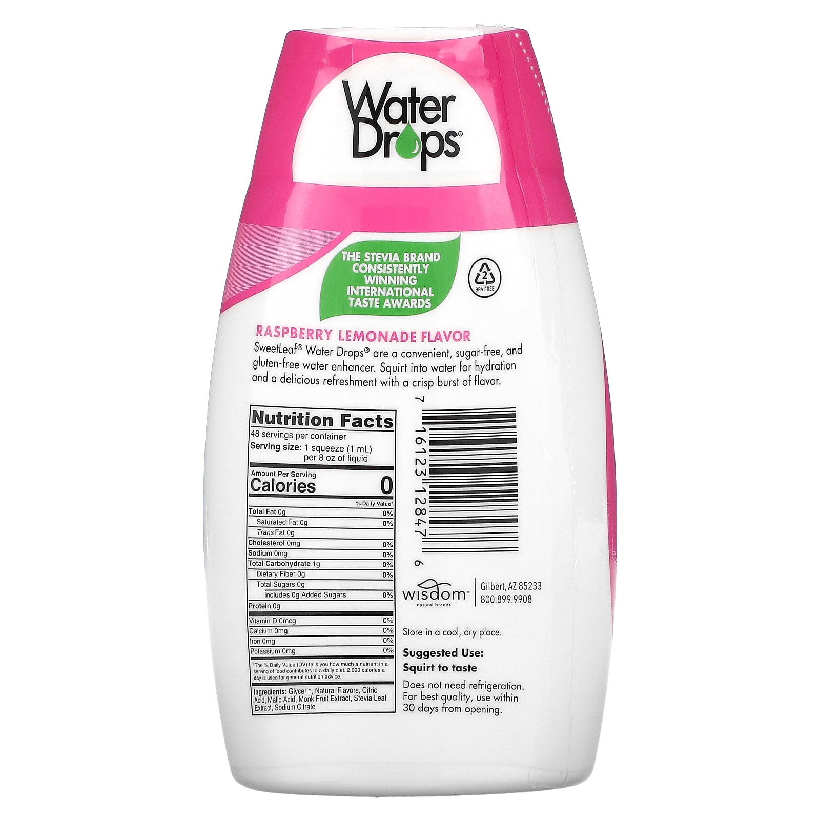 Wisdom Natural, SweetLeaf, Water Drops, Delicious Stevia Water Enhancer, Raspberry Lemonade, 1.62 fl oz Pack of 4