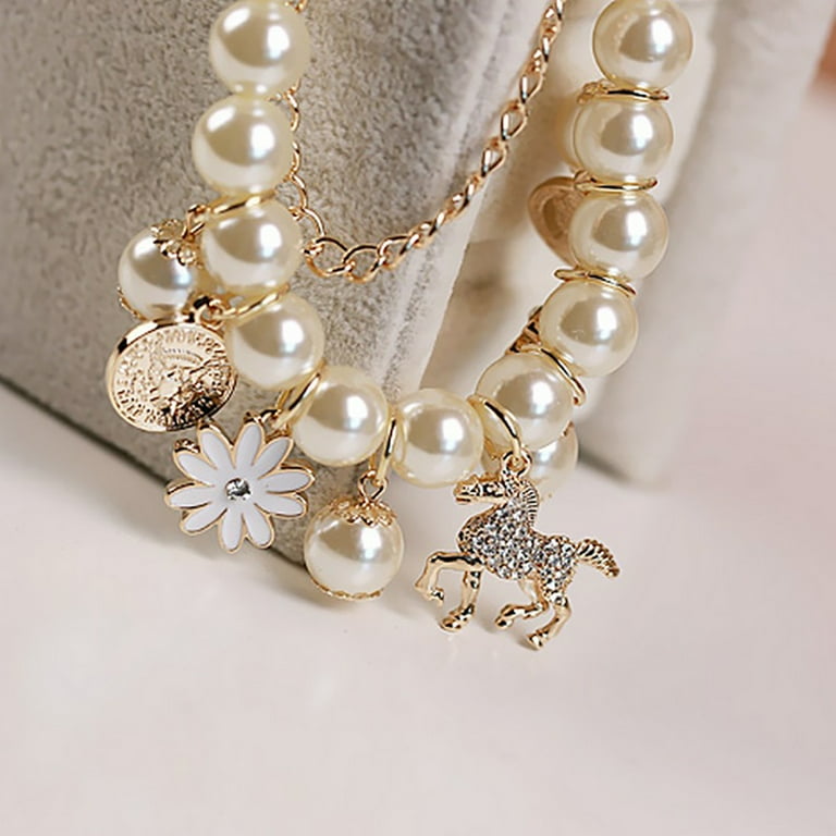 Grandest Birch Horse Flower Charm Women Bracelet Faux Pearl Party Bangle Gift Jewelry Alloy Faux Pearl White