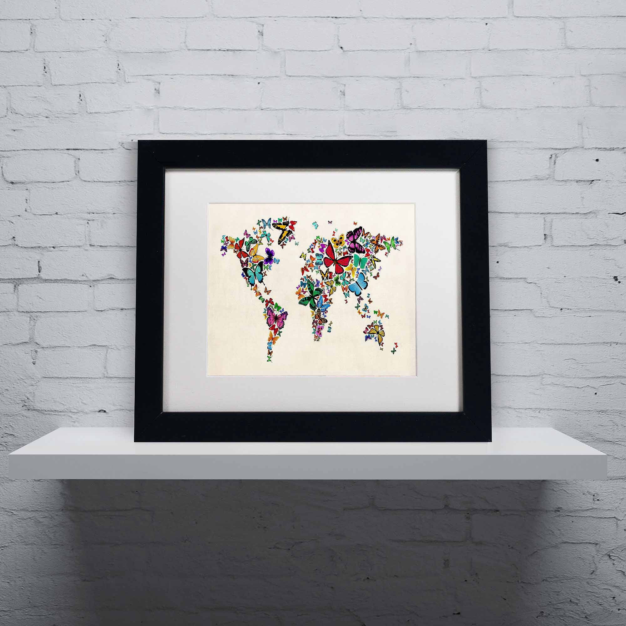 Trademark Fine Art "Butterflies Map of the World II" Canvas Art by Michael Tompsett, White Matte, Black Frame