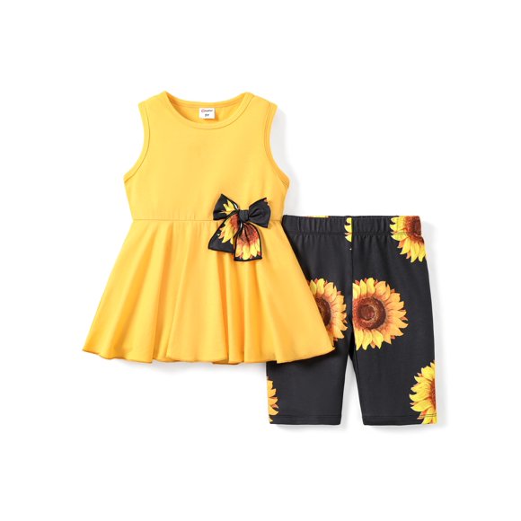 Conjunto para Niñas PATPAT de Vestido Amarillo con Girasoles y Shorts Talla 7-8