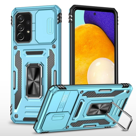 Heavy Duty Armor Case for Samsung Galaxy A52 5G with Adjustable 360 Degree Rotated Metal Bracket Camera Slide Shockproof Phone Cover for Samsung Galaxy A52 5G 6.5 Inch,Lightblue