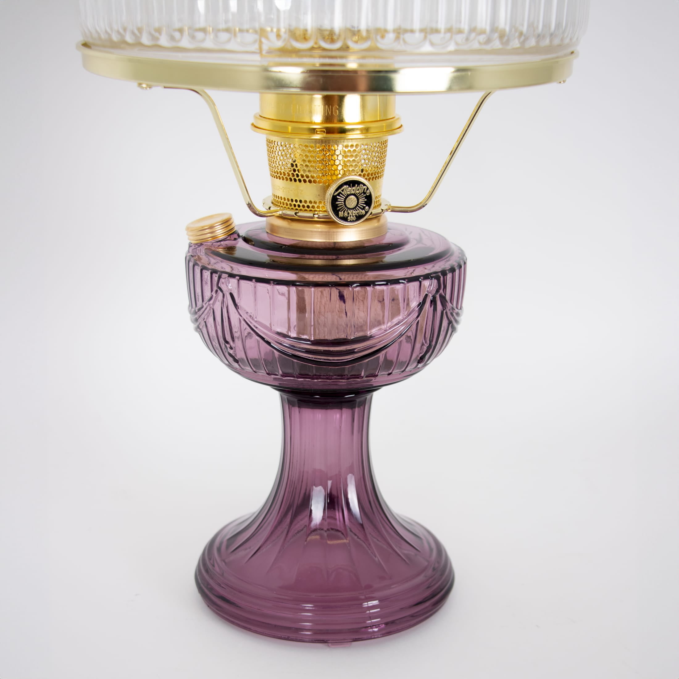 Aladdin Amethyst Lincoln Drape Table Oil Lamp with White Glass Shade, Brass