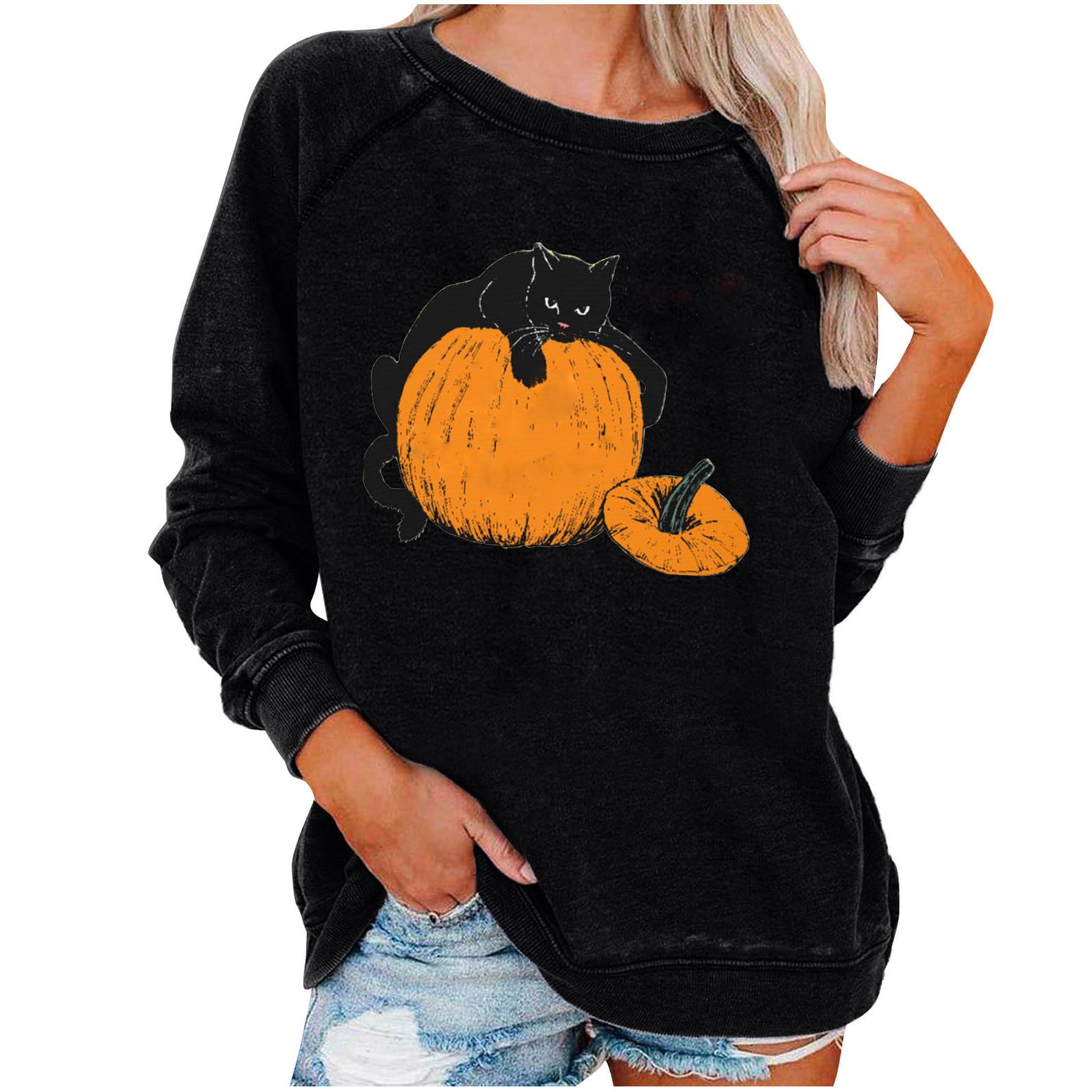 Happy Halloween Cats RHINESTONE T-Shirt Shirt Tee Bling Pick Shirt Style Spooky Holiday Pumpkin Costume Party Scoop Neck V-Neck Crew Neck Trick or Treating 