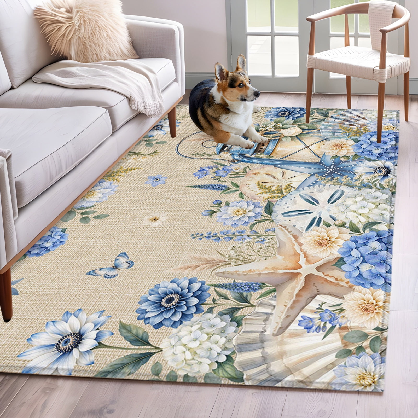 Rectangle Rug 3x5ft Area Rug Blue White Hydrangea Area Rugs for Living Room Bedroom Pastoral Flower Plant Starfish Retro Linen Floor Mat Non-Slip Non-Shedding Carpet Indoor Accent Rugs