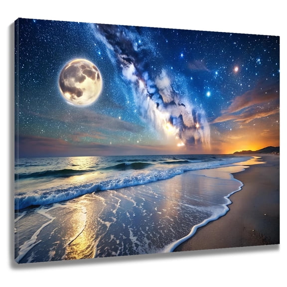 Beach Canvas Wall Art Blue Beach White Moon Serene Star Sky Landscape Prints Posters Living Room Decor Modern Home Art Bedroom Bathroom Office Wall Decor,12x12 Inches