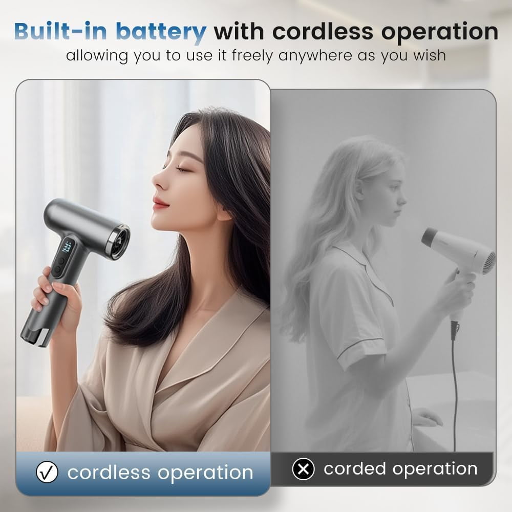 Cordless Rechargeable Hair Dryer, 15000mAh Battery Operated,USB Portable Blow Dryer，3 Adjustable Hot and Cold Air Settings, Used for Travel, Camping, and RV.