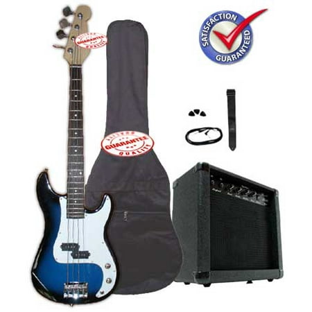 - Electric Bass Guitar Pack with 20 Watts Amplifier, Gig Bag, Strap, and Cable, Blueburst