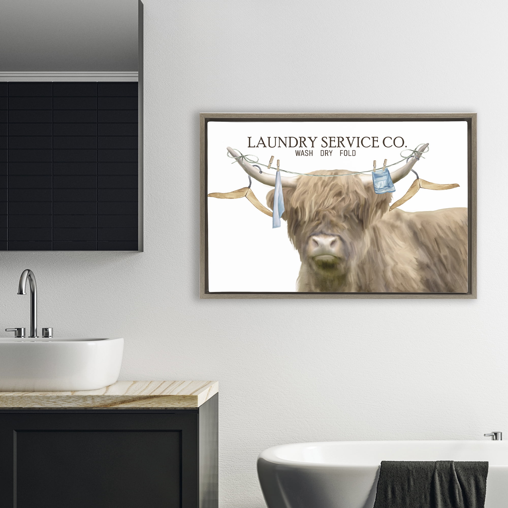 Laundry Service Cattle Brown Framed Floater Canvas Wall Art, design by Kim Allen