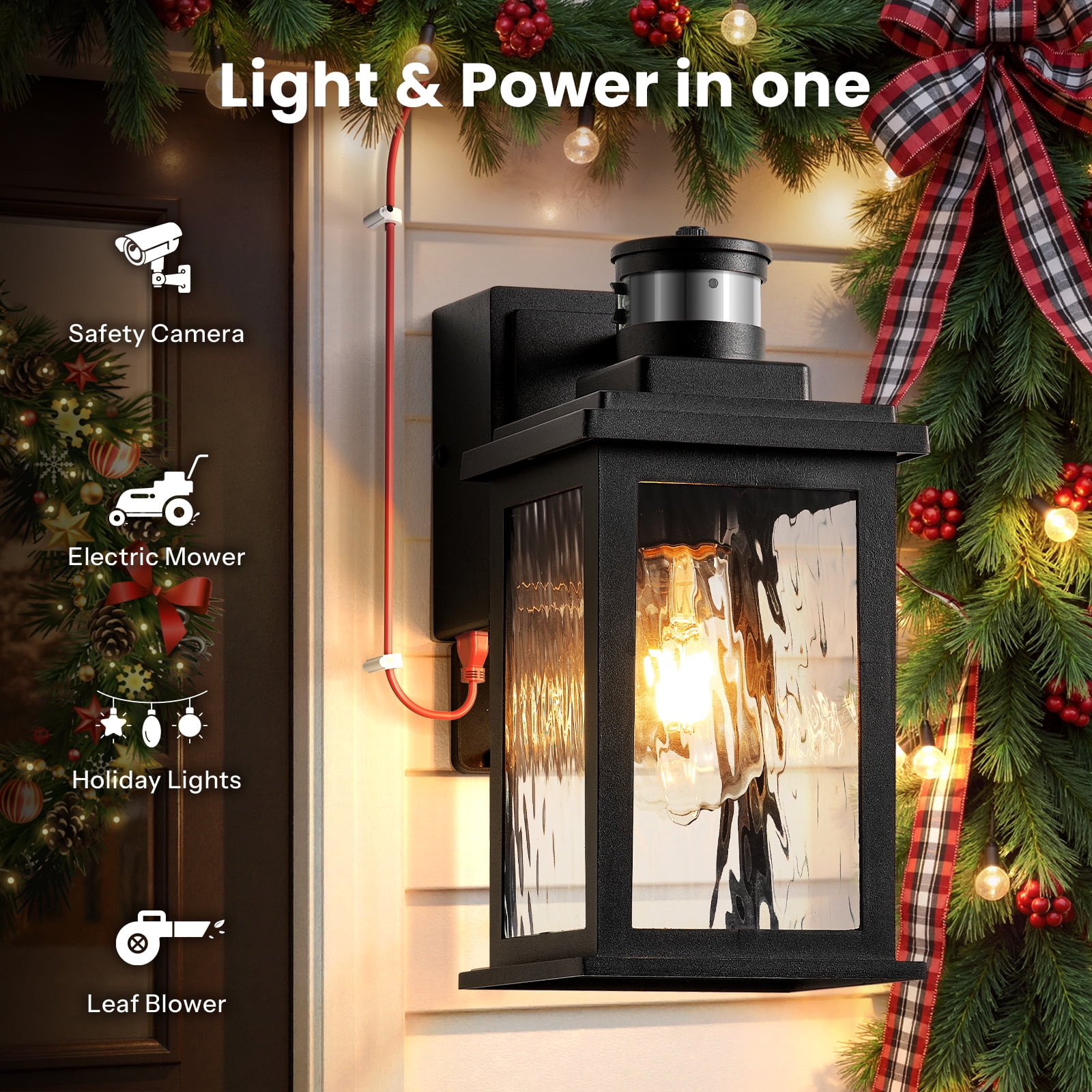Gleamz Motion Sensor Outdoor Lights with GFCI Outlet, Dusk to Dawn Outdoor Lighting with Tempered Glass, Waterproof Anti-Rust Aluminum Outside Lights for House