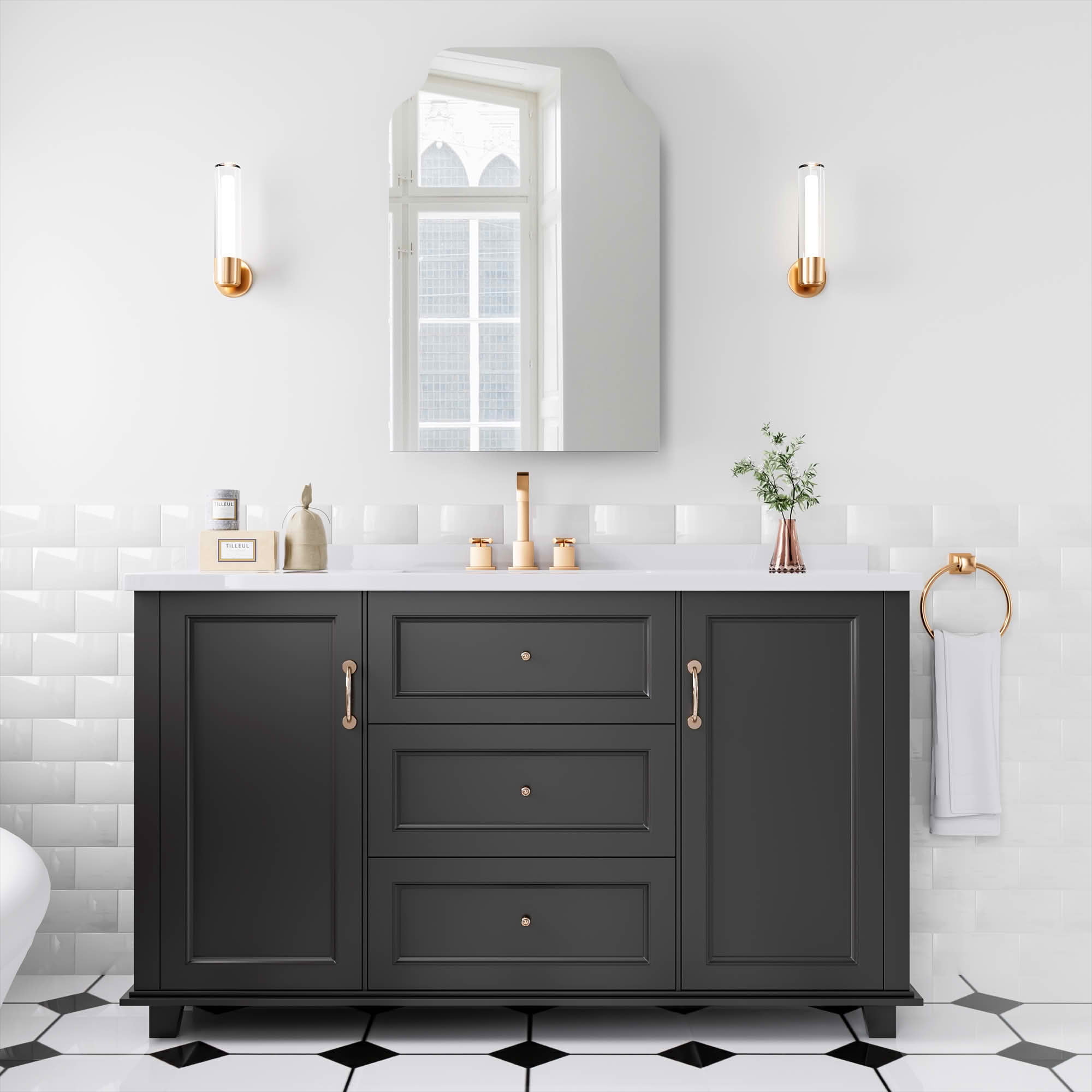 MAYEERTY 36x24x5 Inch Black Metal Lower Right Angle Upper Inner Round Corner Rectangular Medicine Cabinet for Bathroom