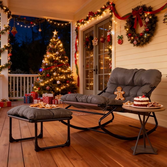 Zimtown Patio Rocking Chair with Ottoman, Porch Metal Rocking Chair with Cushion, Rocker Seating for Outdoor and Indoor, Grey