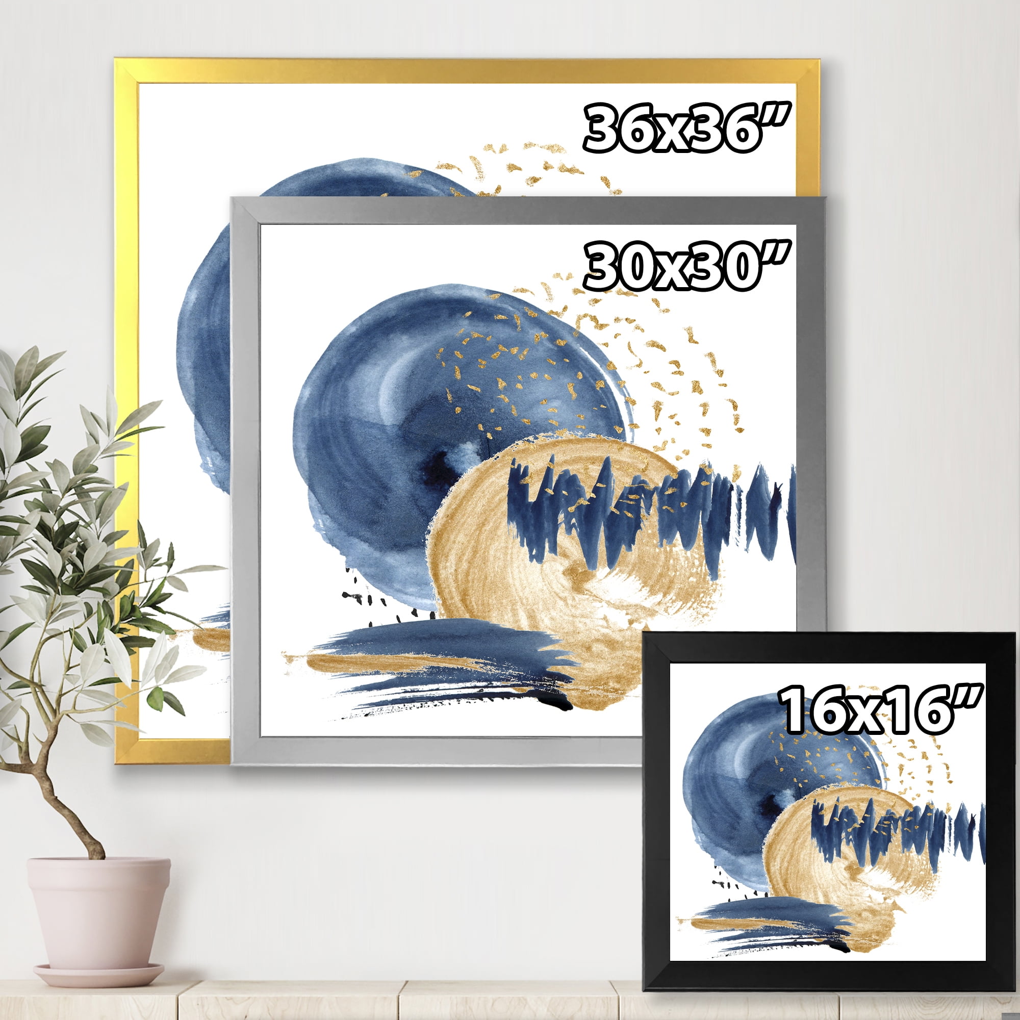 Designart 'Gold and Dark Blue Abstract Circle Ocean Texture' Modern Framed Art Print