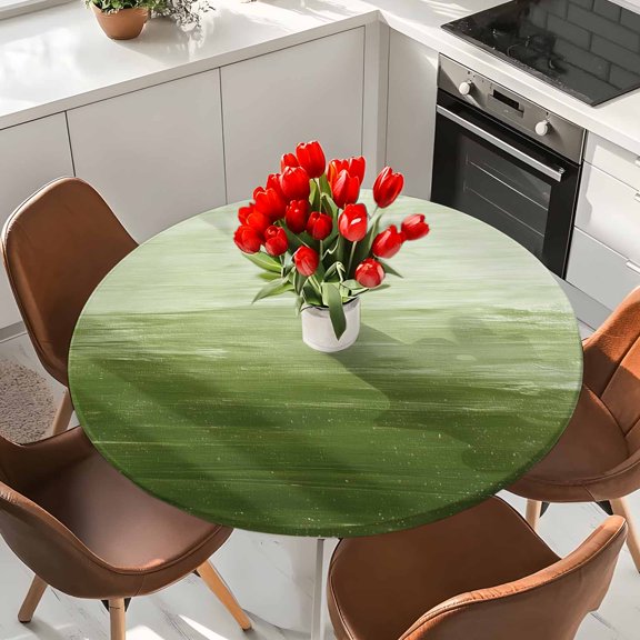 Ombre Green Elastic Fitted Round Tablecloth Abstract Texture Waterproof Outdoor Table Cover for Holiday Party, Picnic, Patio & Dining Fits Tables Up to 45"-54"