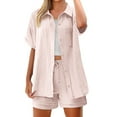 thumbnail image 3 of BLOCLOALO 2 Piece Lounge Set Short Sleeve Collared Shirts Fashion Casual Solid Color Double Layer Wrinkled Top Pants Button Down Shirts Short Matching Sets Women Clothing Soft Lounge Set Pink M, 3 of 9