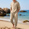 thumbnail image 2 of IWRICH Men's 2 Pieces Linen Set Casual Long Sleeve Button down Hoodies Beach Loose Fir Pants Summer Outfits Khaki L, 2 of 9