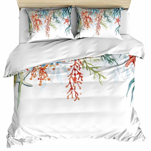 Coastal Ocean Duvet Cover Cal. King Size, Summer Beach Coral Starfish Seagrass Comforter Cover with Zipper Closure, 3 Piece Bedding Sets 1 Duvet Cover 96x104 Inches and 2 Pillow Shams