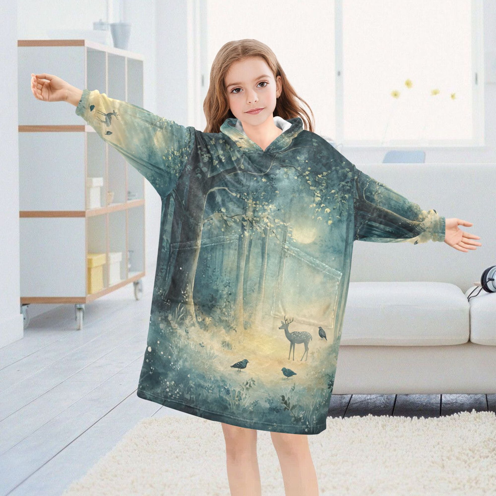 FORMRS Wearable Blanket Hoodie with Sleeves for Kids Cozy Flannel Sweatshirt, Night Forest Scene