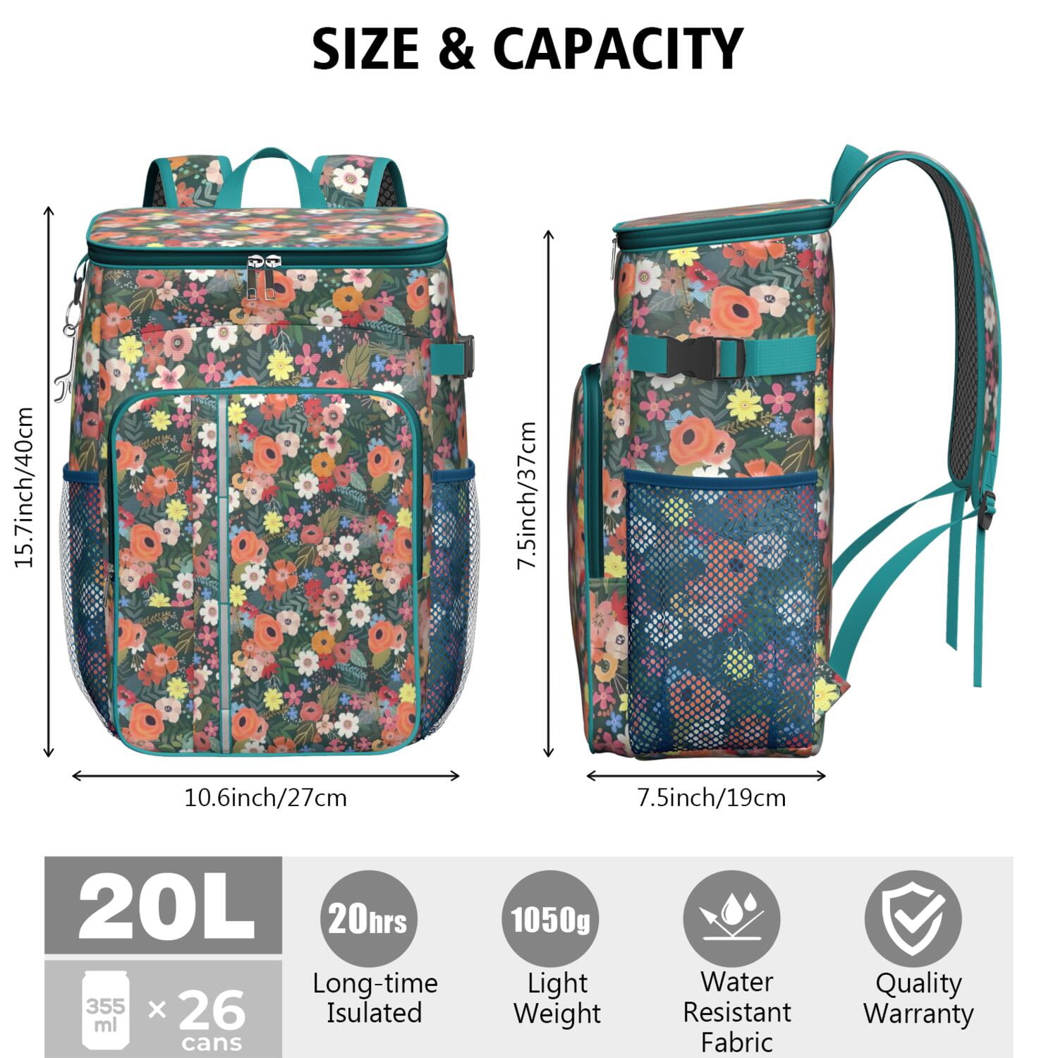 Travel Cooler Bag - Pioneer Flower Floral Print Pattern Camping Beer Cooler Backpack with Bottle Opener- Waterproof Insulated Picnic Backpacks - Cooler Bag for Beach