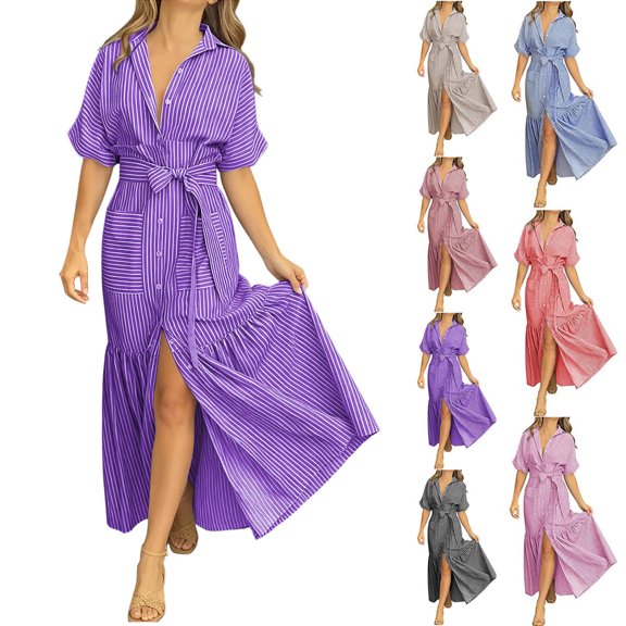 Dvprdro Womens Casual Beach Maxi Dress Striped Collared Short Sleeve Button Front Tie Waist Ruffle Hem Loose A Line