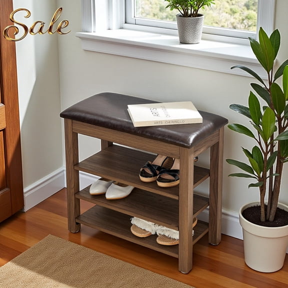 GZXS 24" Entryway Shoe Rack Bench with Hidden Storage, PU Leather Upholstered Seat, Rubberwood Frame, 3-Tier Adjustable Shelves, Supports up to 400 lbs (Brown)