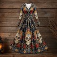 thumbnail image 5 of 2026 Women Long Sleeve V Neck Halloween Midi Dress, Vintage Skull Botanical Print Flared Swing Dress for Photo, 5 of 5