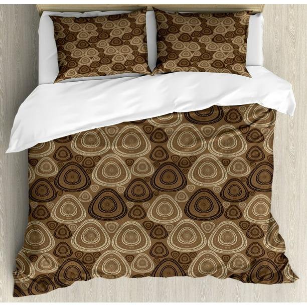Brown And Ivory King Size Duvet Cover Set Circles Oval Triangle Shapes On Toned Brown And Ivory King Size Duvet Cover, Ivory King Size Bedding Sets