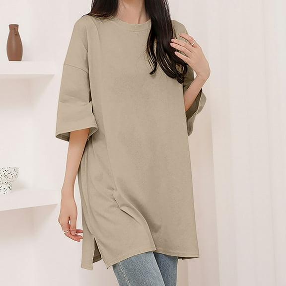 lmcalzta Oversized Womens T Shirts Crew Neck Loose Fitted Long Summer T Shirt Tops Soft Lightweight Cotton Tshirts
