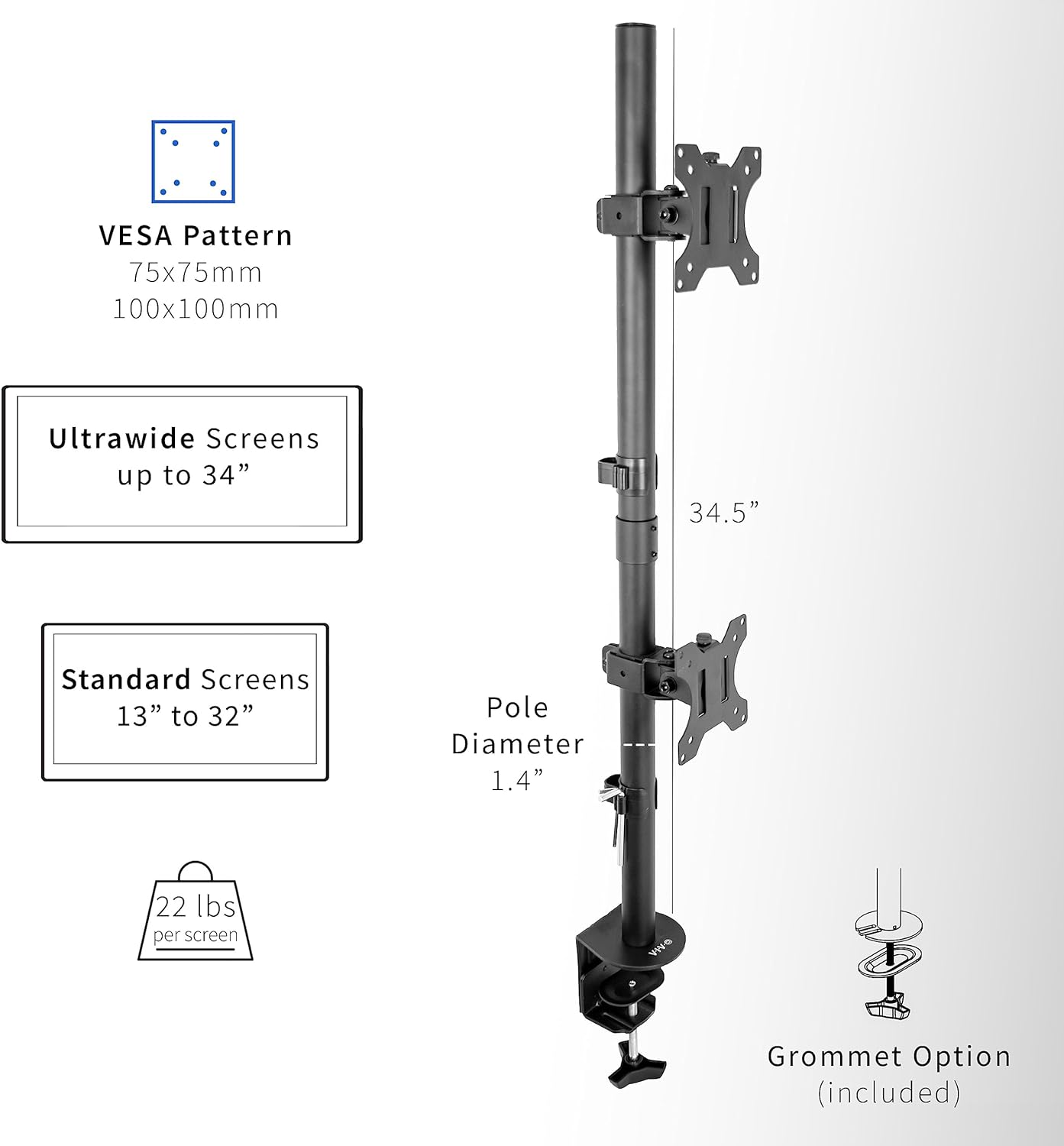 Dual Vertically Stacked Monitor Desk Mount,  Tall Adjustable Stand for 2 Ultrawides  to 34 inches, 22 lbs Capacity, Black, STAND-V002T