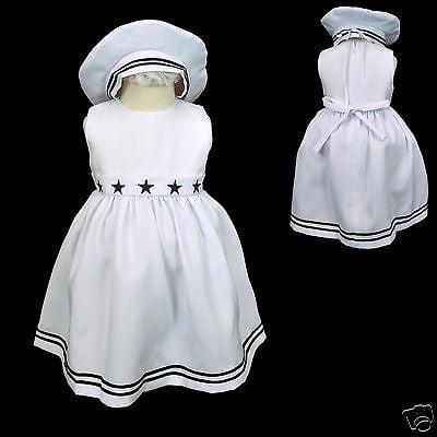 New Baby Girl Toddler Formal Nautical Sailor Dress with Hat New Born 4T White 
