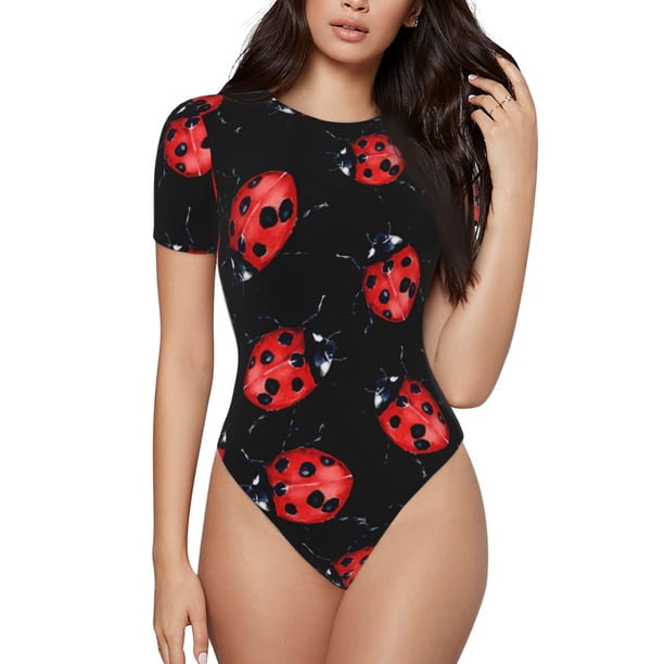 Balery Beautiful Red Ladybug Body de cuello redondo de manga corta para mujer Tops de manga corta Tops básicos-Small