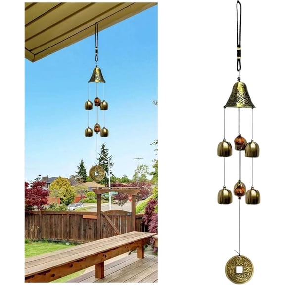Large Outdoor Feng Shui Wind Chimes, Chinese Bells Decorative Hanging Metal Bell, Good Luck Vintage Feng Shui Chime Bells and Brass Coin Pendant Wind Chimes for Home & Outside Garden Decoration