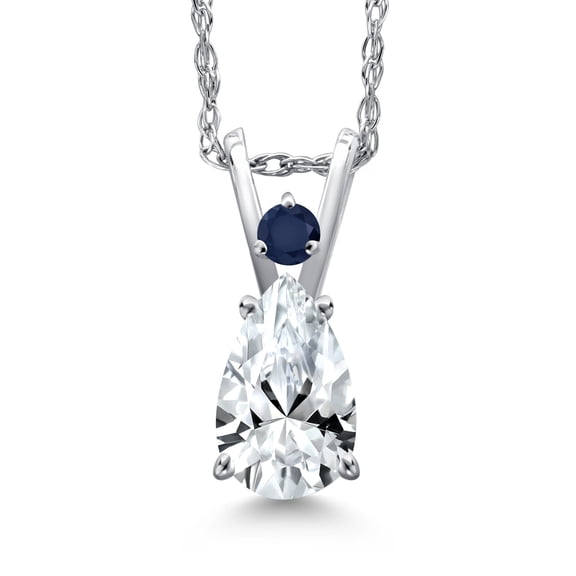 Gem Stone King 14K White Gold White Created Sapphire and Blue Sapphire Pendant Necklace for Women | 1.04 Cttw | Gemstone September Birthstone | Pear Shape 7X5MM | With 18 inch Chain