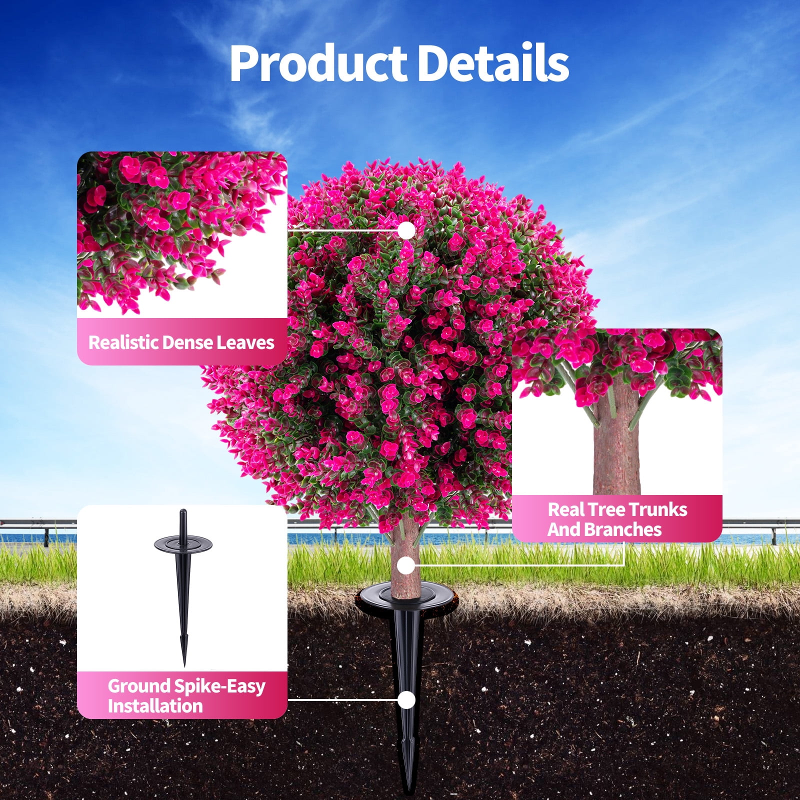 Yonopro Set of 2 Artificial Boxwood Topiary Ball Trees with Pink Flowers for Outdoor with Ground Spike 26", UV Resistant Faux Greenery Shrubs, Fake Plants for Garden, Yard, Porch, Patio Decor
