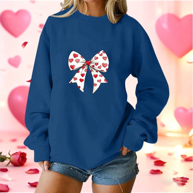 Xuyuer Valentine's Day Women's Bow Lover Heart Print Round Neck Loose Hoodie Long Sleeve Top, Cute Casual Pullover for Valentine's Day Gifts, Date Nights and Everyday Cozy Wear