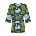 thumbnail image 4 of WTOBBY Women's Hawaiian Print Vacation Shirt V-Neck 3/4 Sleeve Puffy Sleeve Top Beachwear Tunic with Tropical Floral Pattern,Army Green L, 4 of 5