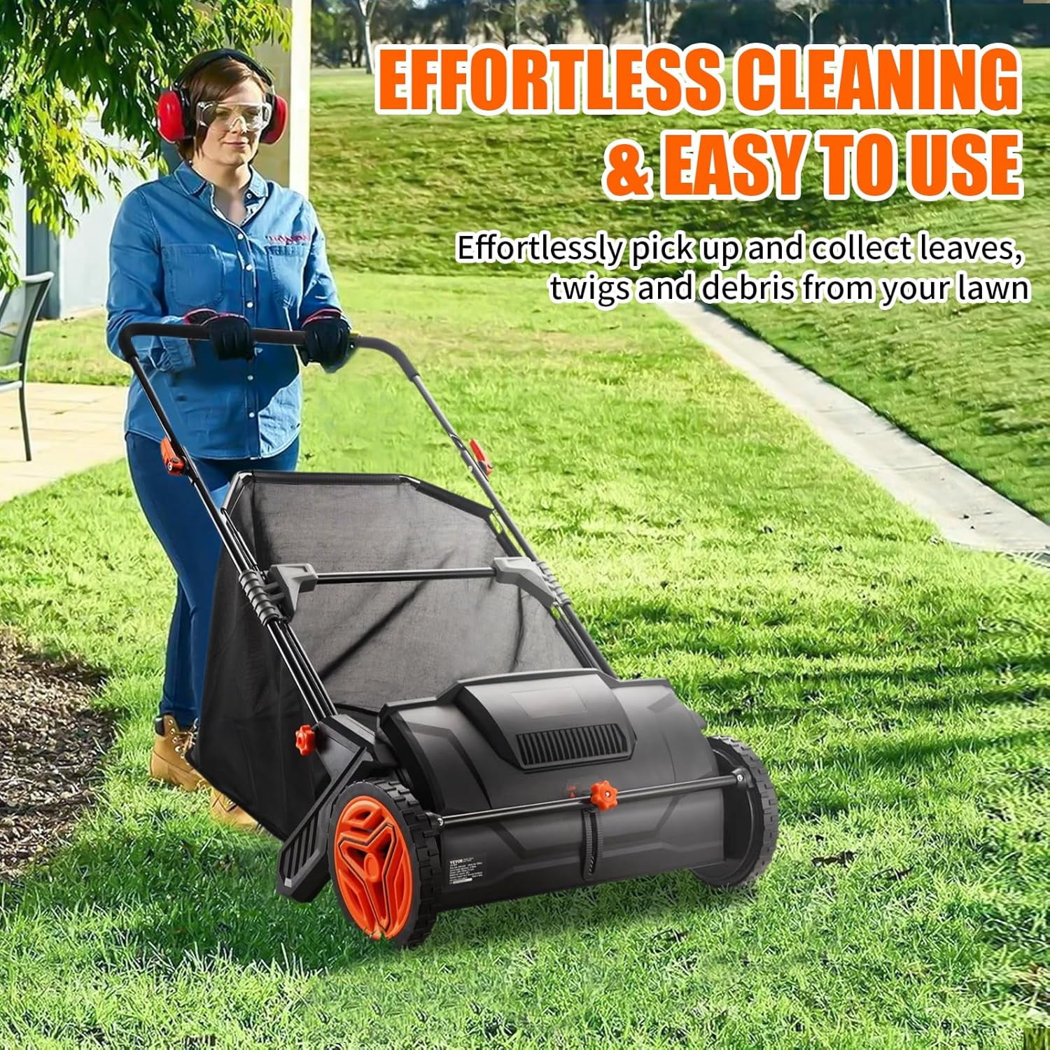 Push Lawn Sweeper, 21-inch Leaf & Grass Collector, Strong Rubber Wheels & Heavy Duty Thickened Steel Durable to Use with Large Capacity 3.5 cu. ft. Mesh Collection Hopper Bag, 2 Spinning Brushes