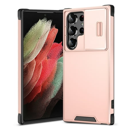 For Samsung Galaxy S21 Ultra Case with Sliding Camera Lens Protector, Hard PC Back Cover Shockproof Drop Protection Anti-Scratch Phone Case for Samsung Galaxy S21 Ultra, Pink
