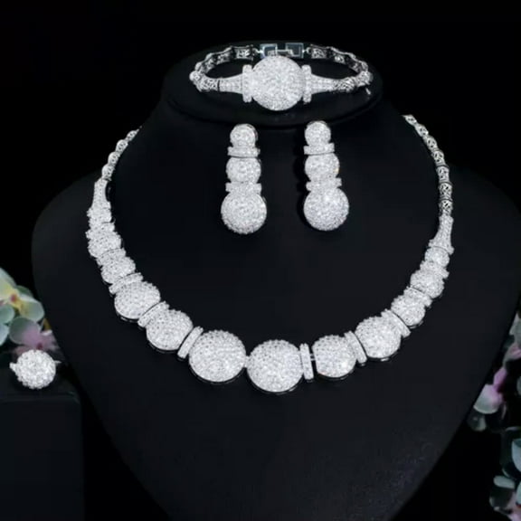 Mirco Pave CZ Nigerian Silver Plated Necklace Earrings Ring Bracelet Jewelry Set
