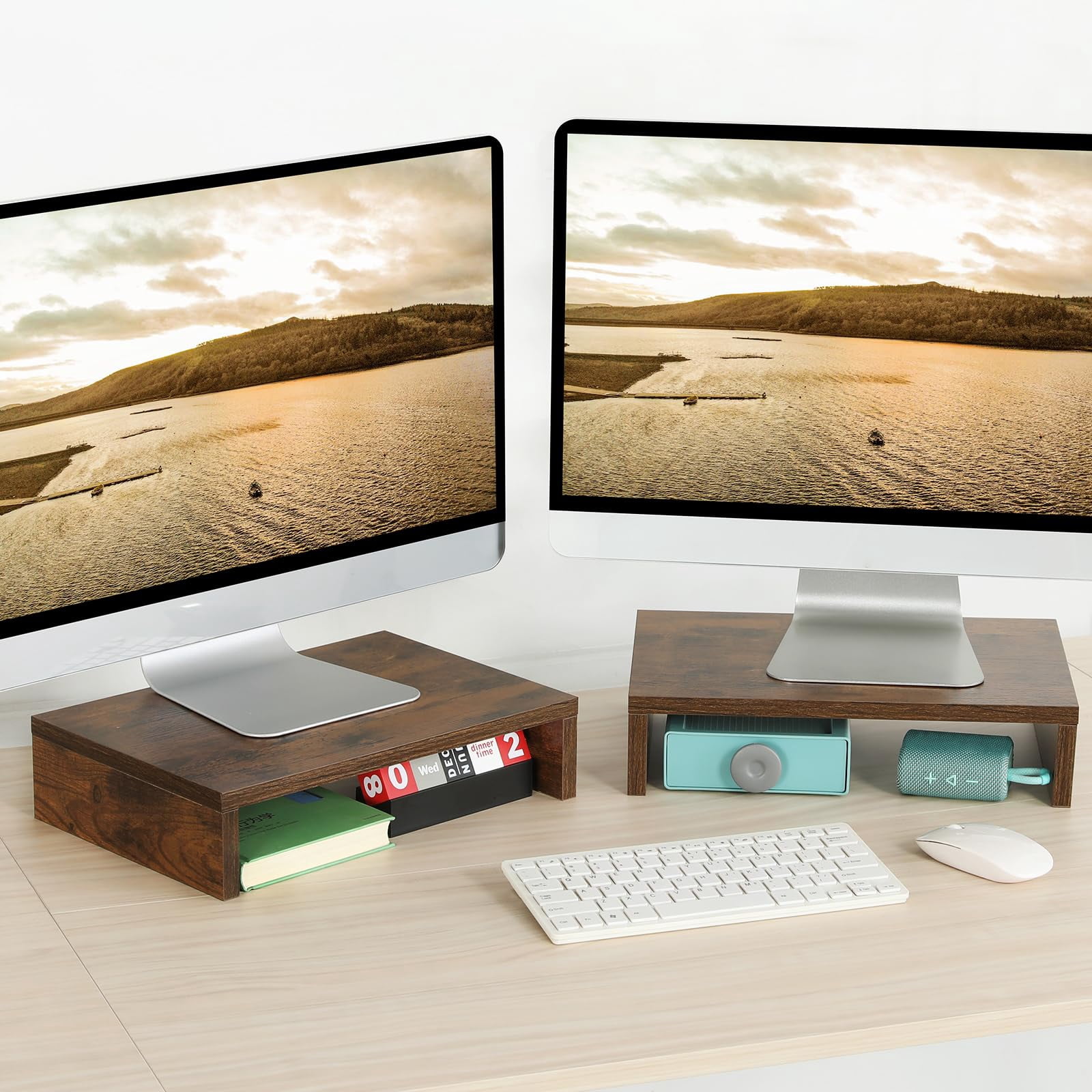 Monitor Riser - 2 Pack  Rustic Brown Wood Adjustable Stand For 2 Monitors/laptop/pc