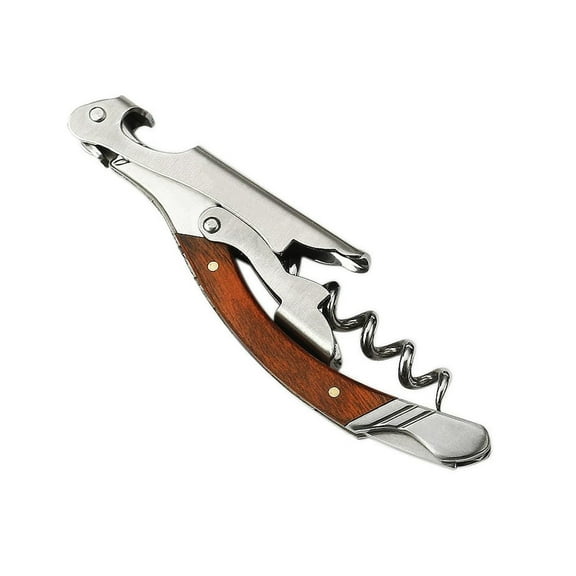 Wooden Wine Opener with Foil Cutter Knife and Cap Remover, Double Hinged Manual Wine Key for Bartenders, Servers, Waiters, Stainless Steel Wine Bottle Opener Corkscrew