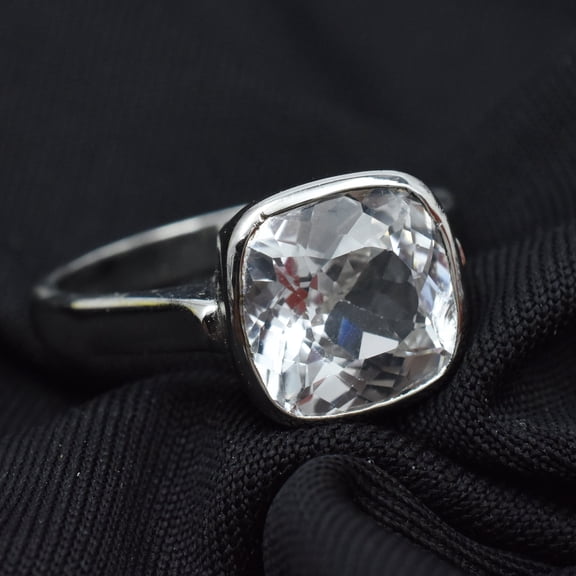 Natural White Sapphire Square Cushion Cut Silver Ring 22.60 Ct certified