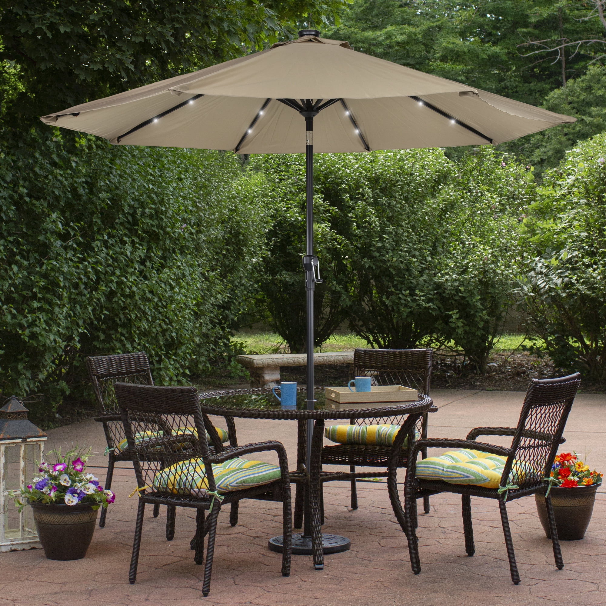 Northlight 9ft Solar Lighted Outdoor Patio Market Umbrella with Hand Crank and Tilt, Taupe
