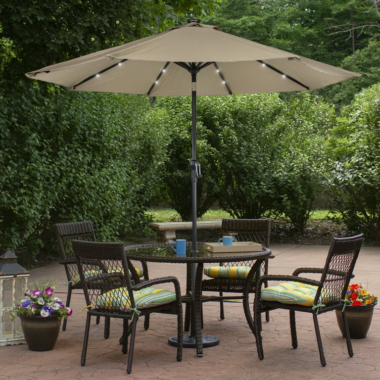 9 ft rectangular solar-powered patio umbrella in taupe FLAME&SHADE Solar with a Centre Light, hours to 12 Sun-Ray 9 ft. Round 8-Rib