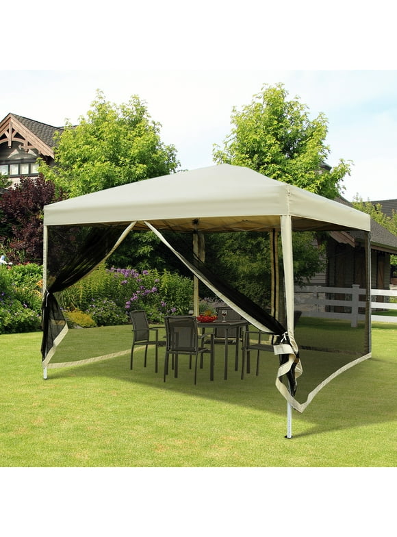 Outsunny 210D Oxford 10' x 10' Pop Up Canopy Tent with Netting, Beige