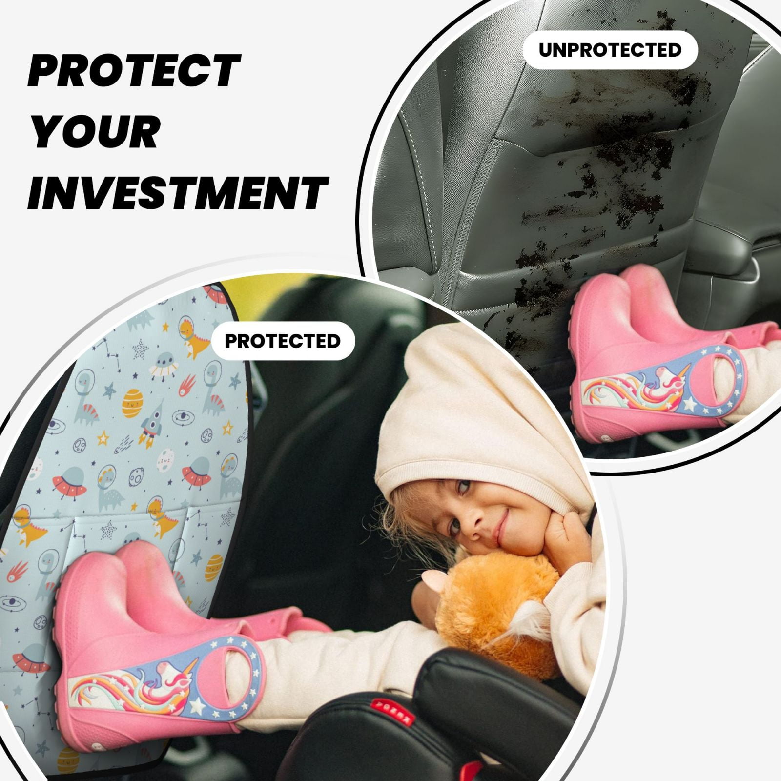 Xecao Space With Dino Astronauts Pattern Car Seat Back Protector 2 Pack Large Capacity Pocket, Kick Mats Back Seat Protector