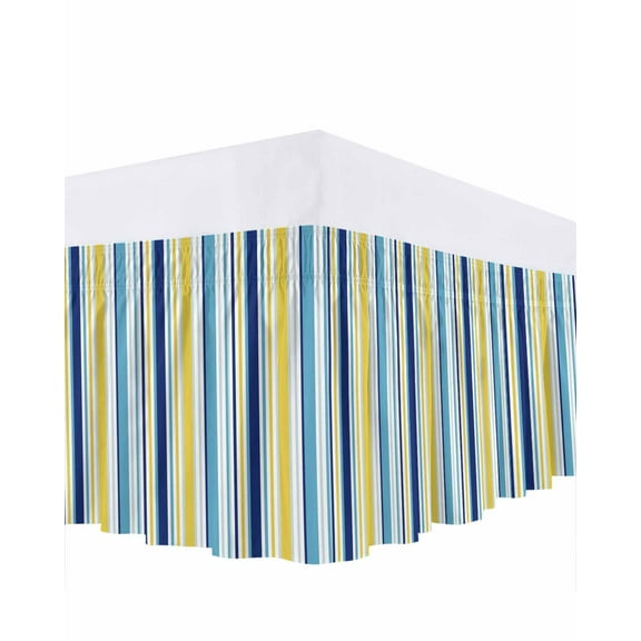 Teal Blue Bed Skirt Yellow Stripes Texture Bed Skirts Queen Size 18 Inch Drop, Wrap Around Dust Ruffle Bedskirt with Adjustable Elastic Belt for Queen Size Beds
