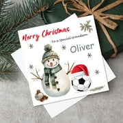 Merry Christmas Card for Grandson – Adorable Snowman and Soccer Design – Personalized with Name – Perfect Holiday Greeting Card for Family
