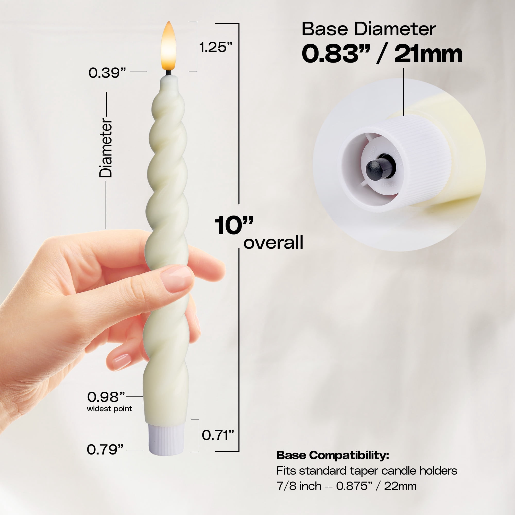 WYZworks 10" Flameless LED Taper Candles – Full Twisted Spiral – Ivory, Set of 6 – Remote, 2/4/6/8-Hr Timer (24-hr Memory), Bottom On/Off Button, Dimmable, Battery Operated, Flicker/Steady
