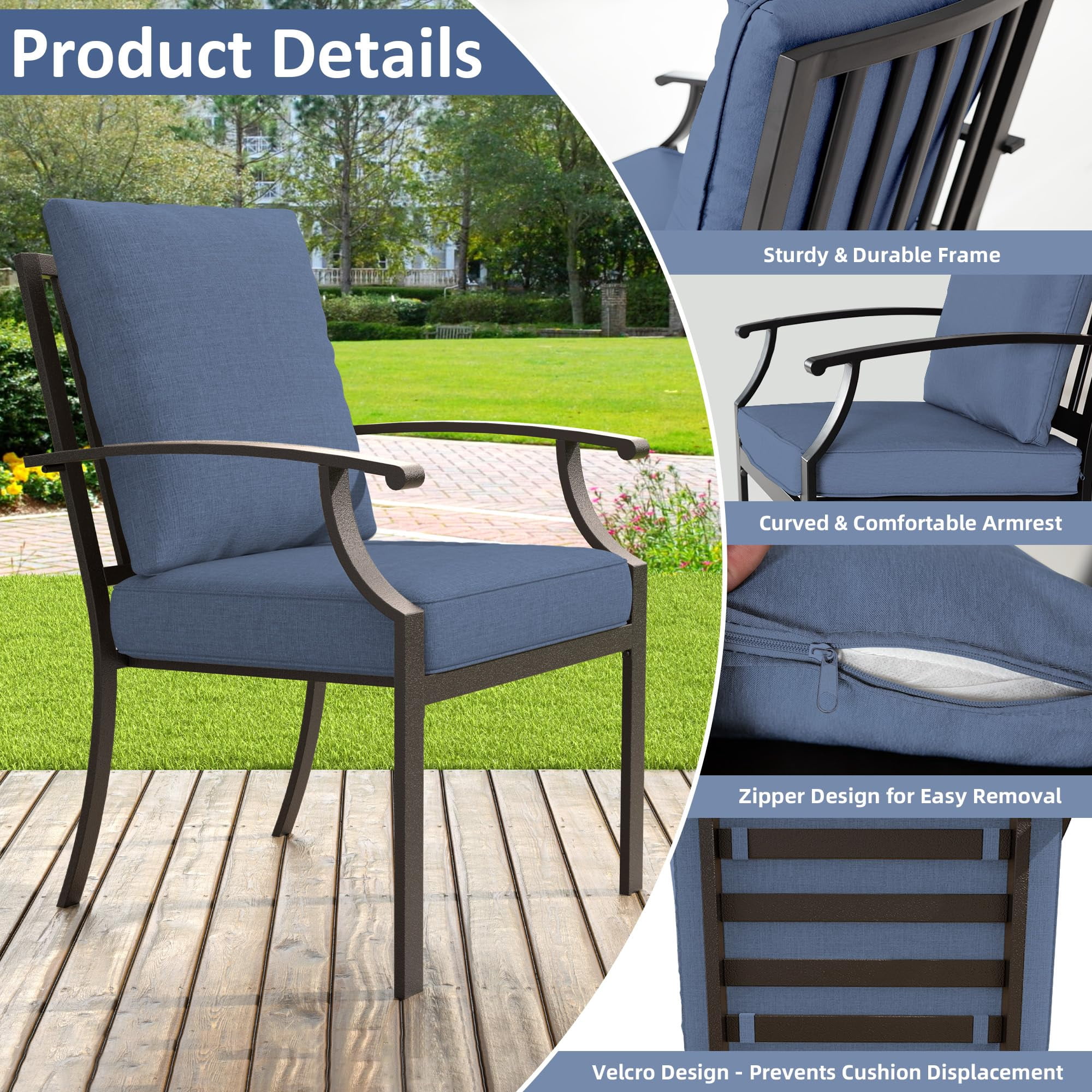 ALAULM 8 Piece Patio Dining Set w/14FT Umbrella, Metal Outdoor Furniture Set w/Rectangular table, 6 Fixed Chairs and Removable Cushions for Patio, Backyard, Garden, Poolside（Navy Blue）