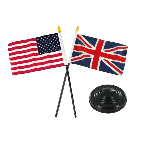 UK United Kingdom w/ USA American Flag 4"x6" Desk Set Table Stick Black Base